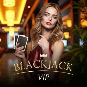 Blackjack VIP dealer in a dark lounge, two cards in hand