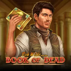 Rich Wilde holding a golden book above the Book of Dead title