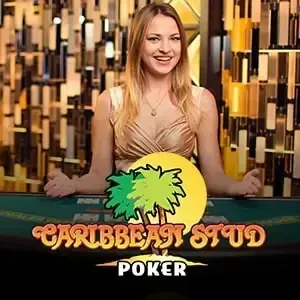 Palm tree logo of Caribbean Stud Poker below a smiling dealer