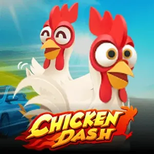 Two wide-eyed chickens racing on the Chicken Dash cover