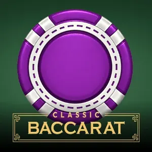 Purple casino chip on green felt above the Classic Baccarat label
