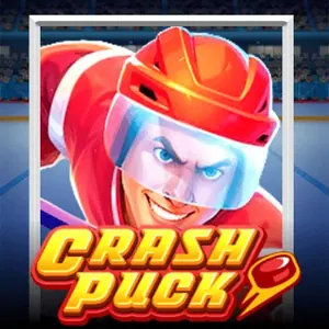 Hockey player in a red helmet striking the puck, Crash Puck