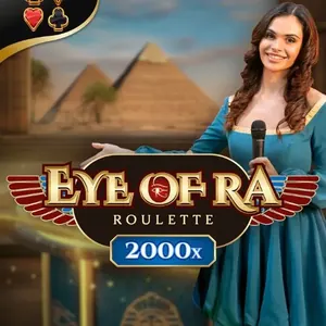 Presenter in teal in front of the pyramids, Eye of Ra Roulette with its 2000x badge