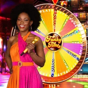 Host in a bright dress with a microphone before the Funky Time wheel