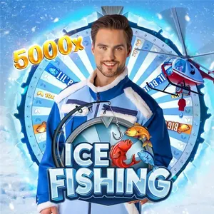 Animateur d'Ice Fishing en veste d'hiver devant une roue des prix gelée
