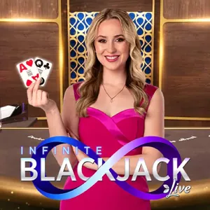 Croupière souriante en rose qui montre un as et une dame, Infinite Blackjack