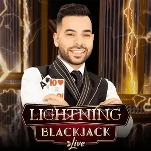 Dealer in a waistcoat holding cards under lightning, Lightning Blackjack
