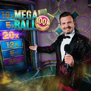 Mega Ball host in a sparkling jacket next to the multiplier board
