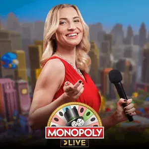 Presenter in red over a city skyline, Monopoly Live