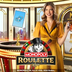 Animatrice de Monopoly Roulette en robe jaune à côté de la roue