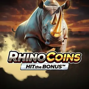 Un rhinocéros dans une poussière dorée au-dessus du logo Rhino Coins Hit the Bonus