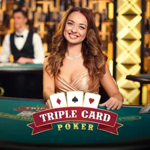 Three cards fanned on the Triple Card Poker banner