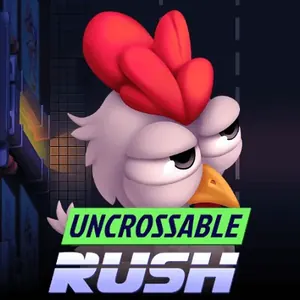 Grumpy rooster peering over the Uncrossable Rush sign