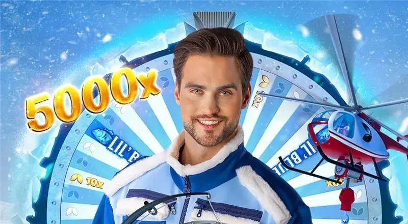 Ice Fishing host in a blue and white jacket in front of the frozen prize wheel and a red helicopter