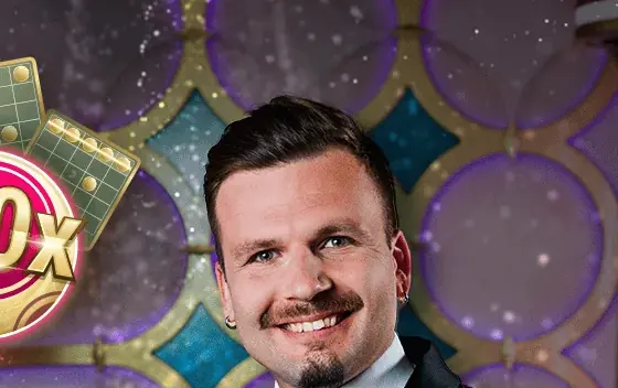 Smiling Mega Ball presenter in a dark suit beside a pink multiplier ball and bingo cards